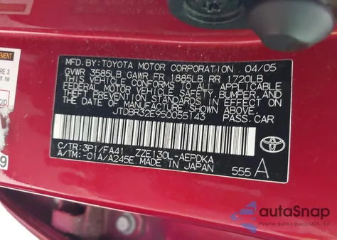 2005 Toyota Corolla Ce from USA, damaged, VIN JTDBR32E950055143